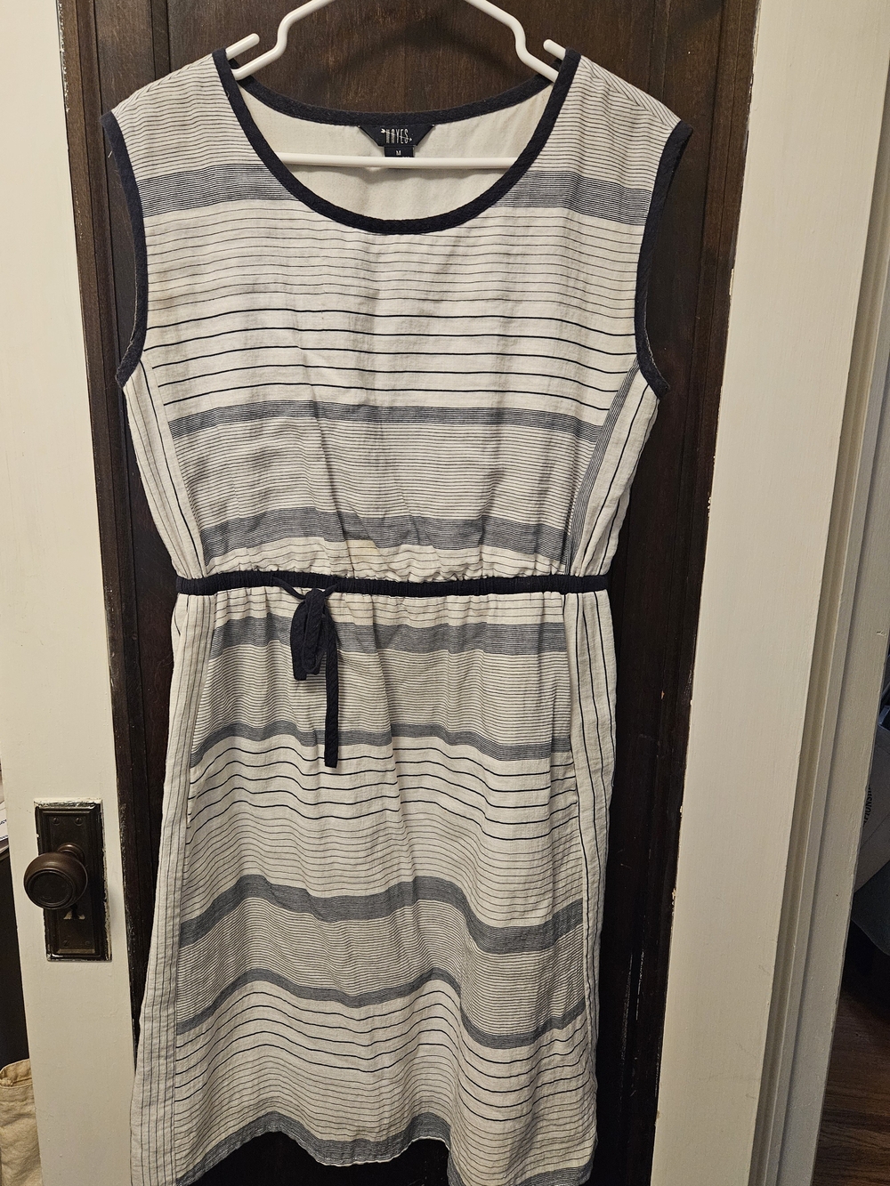 Sleeveless Striped Cotton Dress in White and Navy